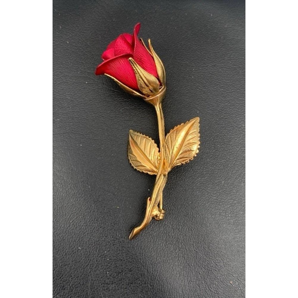 Vintage Premier Designs Gold Tone And Red Rose Brooch